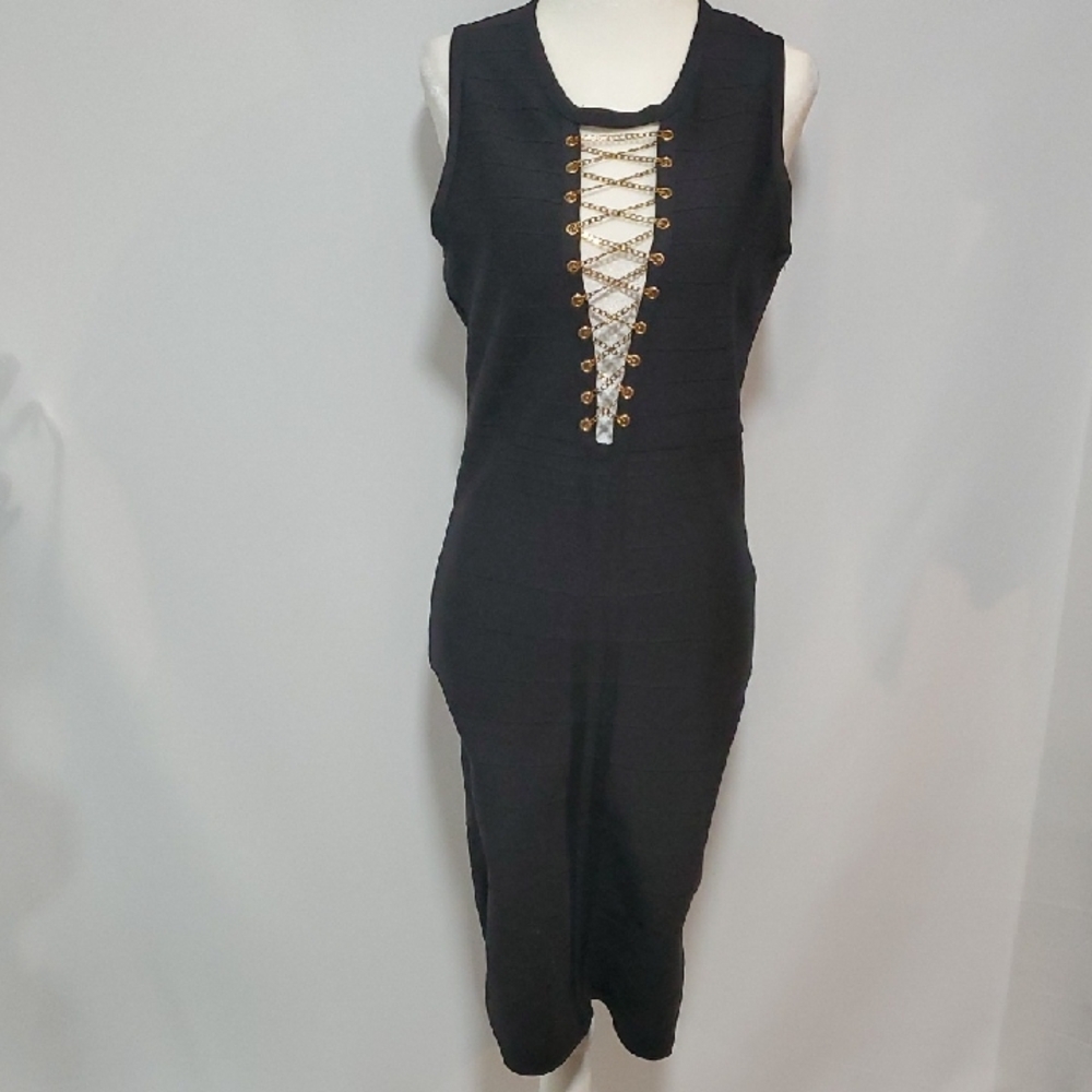 French Kyss Black Bodycon Midi Dress Plunge Neckline NWOT